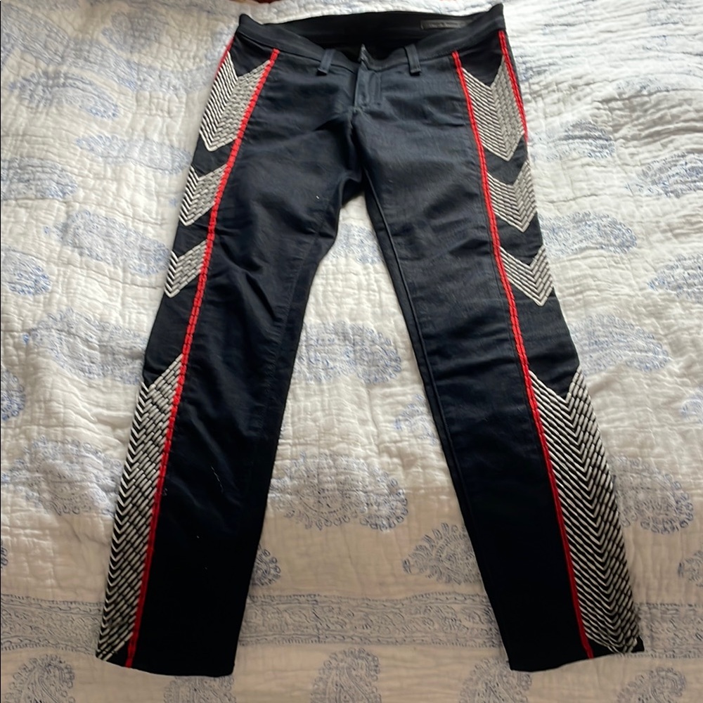Black Pants with Red and White Chevron Accents